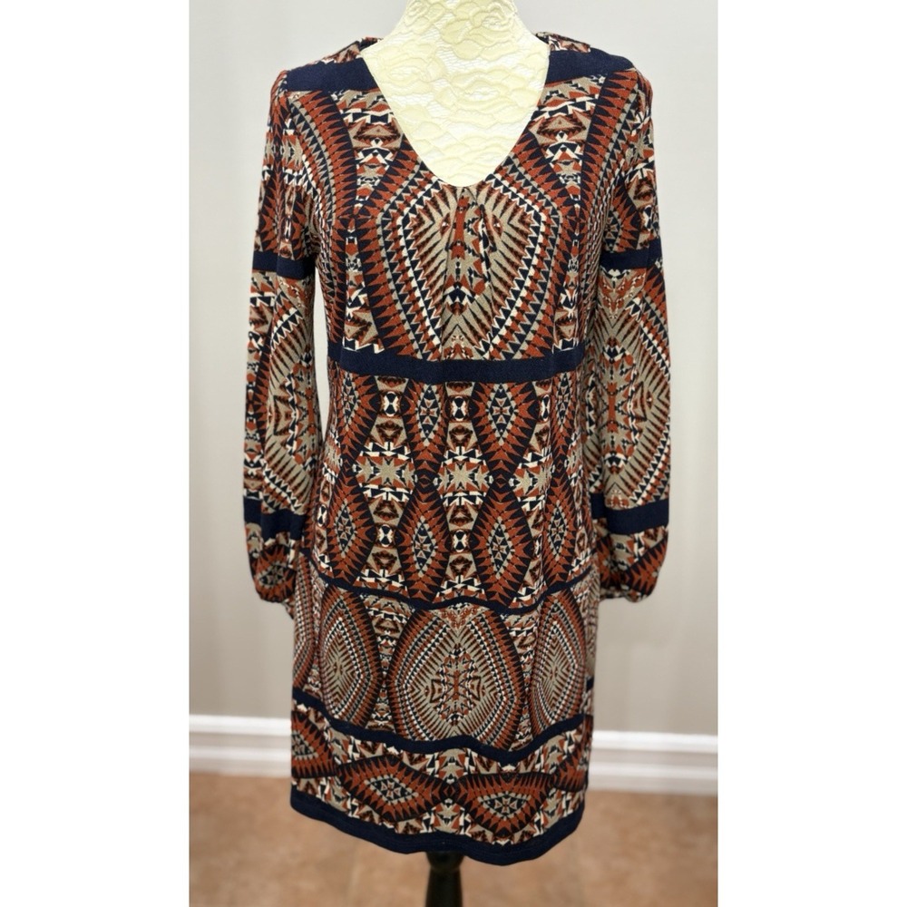 Signature Robbie Bee Petite Small Mini Dress 70's 80's Puff Sleeve Aztec Brown - Picture 1 of 10